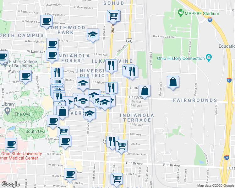 map of restaurants, bars, coffee shops, grocery stores, and more near 331 East 18th Avenue in Columbus