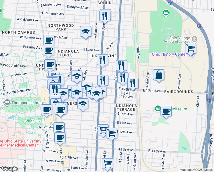 map of restaurants, bars, coffee shops, grocery stores, and more near 331 East 18th Avenue in Columbus