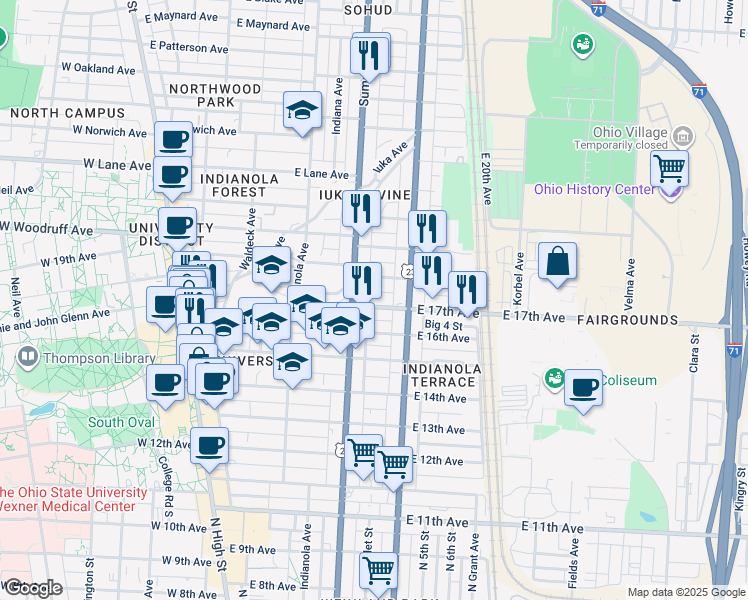 map of restaurants, bars, coffee shops, grocery stores, and more near 331 East 18th Avenue in Columbus