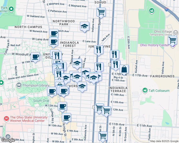 map of restaurants, bars, coffee shops, grocery stores, and more near 218 East 17th Avenue in Columbus