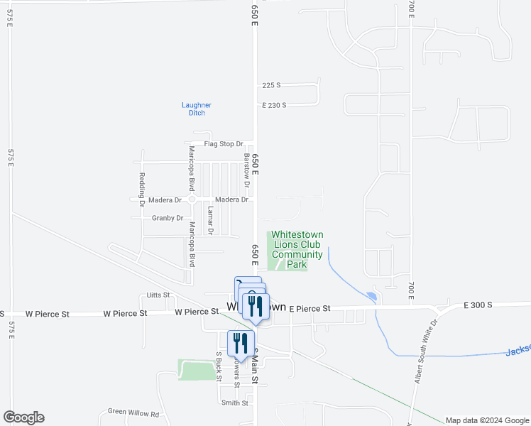 map of restaurants, bars, coffee shops, grocery stores, and more near 107 North Main Street in Whitestown