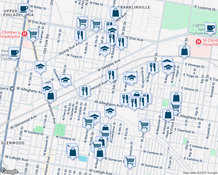 map of restaurants, bars, coffee shops, grocery stores, and more near 521 West Westmoreland Street in Philadelphia