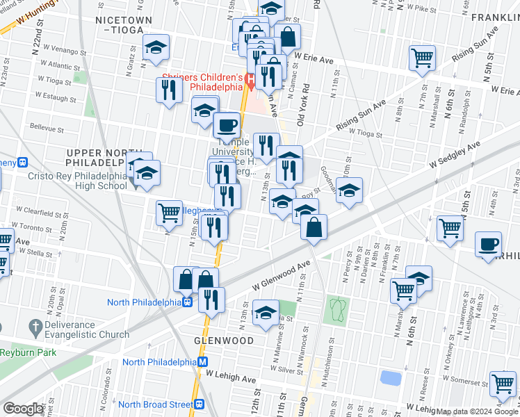 map of restaurants, bars, coffee shops, grocery stores, and more near 1301 West Allegheny Avenue in Philadelphia
