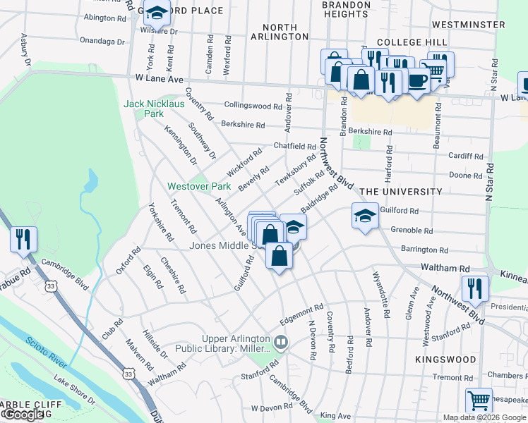 map of restaurants, bars, coffee shops, grocery stores, and more near 1960 Suffolk Road in Columbus