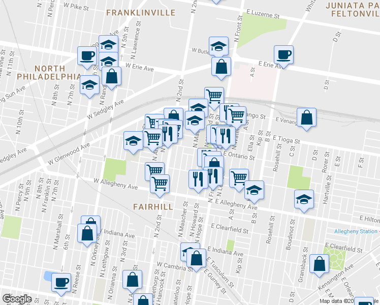 map of restaurants, bars, coffee shops, grocery stores, and more near 157 West Thayer Street in Philadelphia