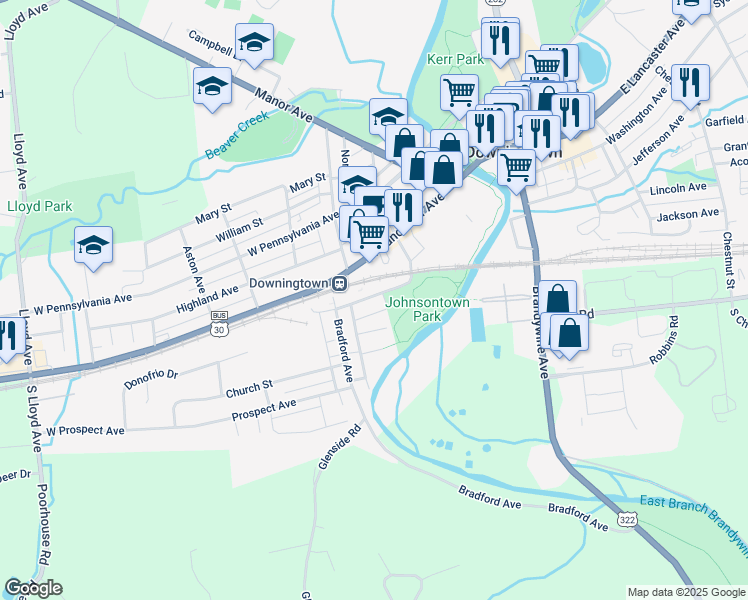 map of restaurants, bars, coffee shops, grocery stores, and more near 136 Viaduct Avenue in Downingtown