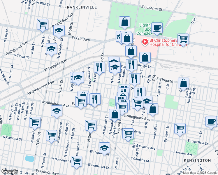 map of restaurants, bars, coffee shops, grocery stores, and more near 157 West Thayer Street in Philadelphia