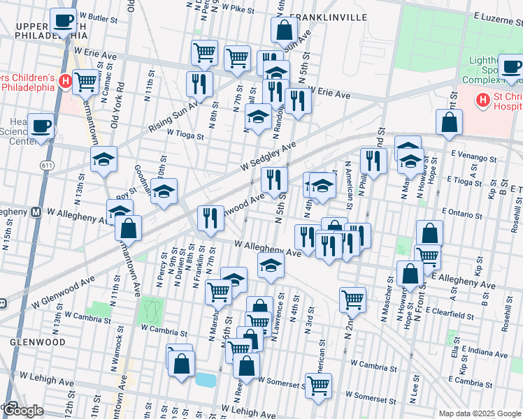 map of restaurants, bars, coffee shops, grocery stores, and more near 535 West Westmoreland Street in Philadelphia