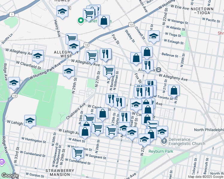 map of restaurants, bars, coffee shops, grocery stores, and more near 3031 North Bambrey Street in Philadelphia