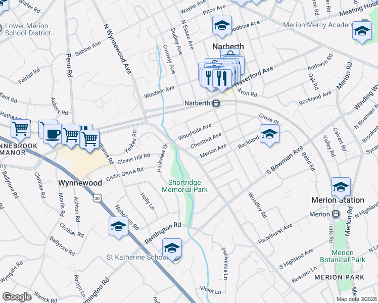 map of restaurants, bars, coffee shops, grocery stores, and more near 5 Chestnut Avenue in Narberth