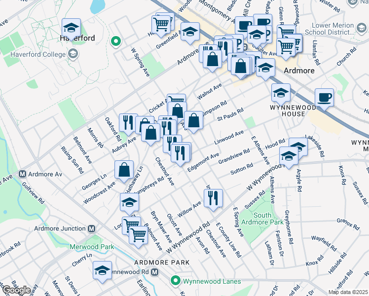 map of restaurants, bars, coffee shops, grocery stores, and more near 225 Sheas Terrace in Ardmore