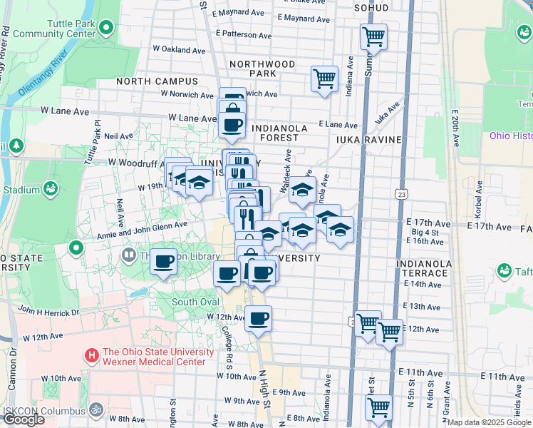 map of restaurants, bars, coffee shops, grocery stores, and more near 1917 Waldeck Avenue in Columbus