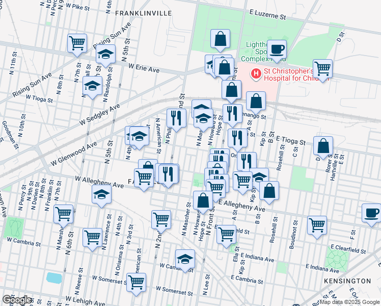 map of restaurants, bars, coffee shops, grocery stores, and more near 165 West Thayer Street in Philadelphia