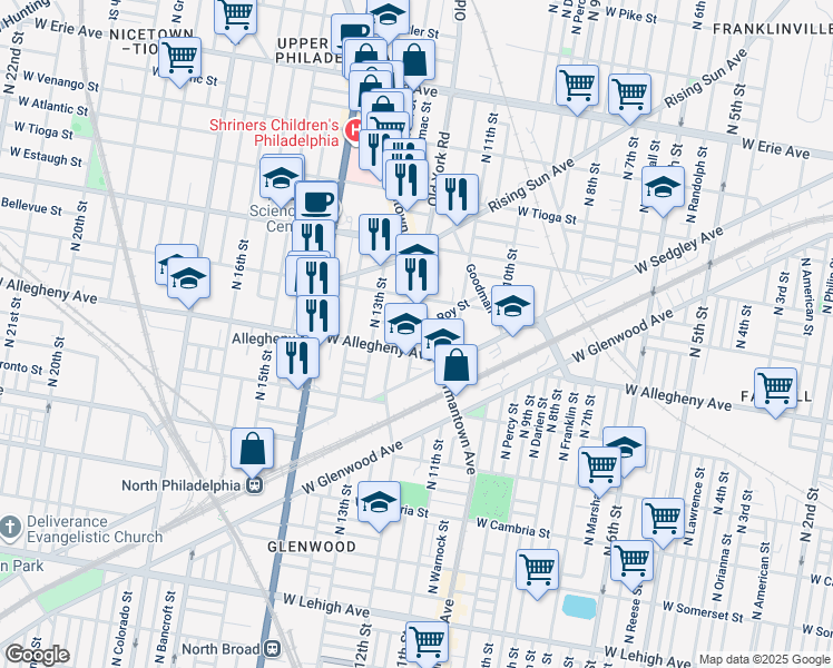 map of restaurants, bars, coffee shops, grocery stores, and more near 1152 West Hilton Street in Philadelphia