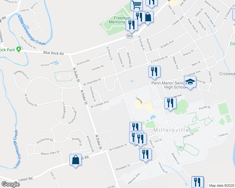 map of restaurants, bars, coffee shops, grocery stores, and more near 111 West Cottage Avenue in Millersville