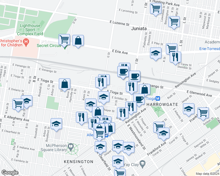 map of restaurants, bars, coffee shops, grocery stores, and more near 3506 Shelbourne Street in Philadelphia