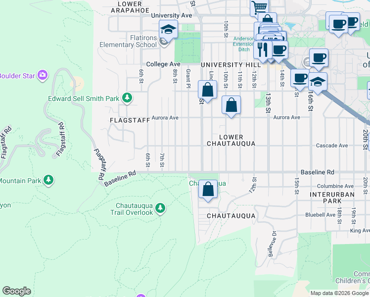 map of restaurants, bars, coffee shops, grocery stores, and more near 801 Grant Place in Boulder
