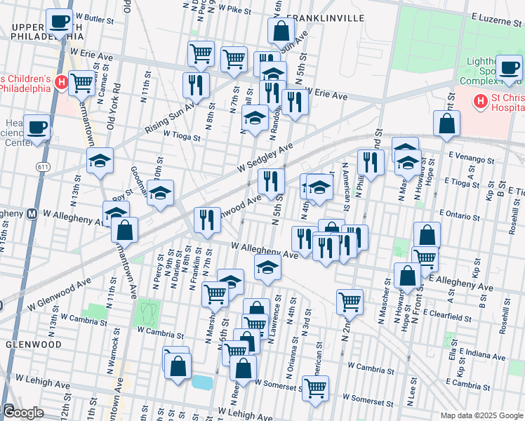 map of restaurants, bars, coffee shops, grocery stores, and more near 527 West Westmoreland Street in Philadelphia