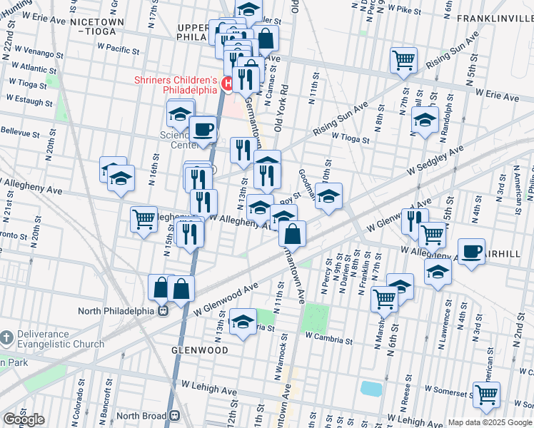 map of restaurants, bars, coffee shops, grocery stores, and more near 1152 West Hilton Street in Philadelphia
