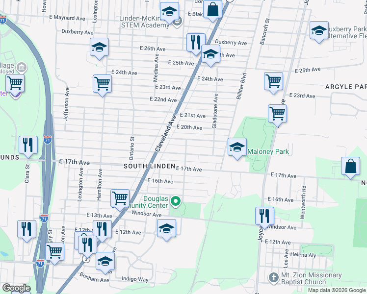 map of restaurants, bars, coffee shops, grocery stores, and more near 1315 East 19th Avenue in Columbus