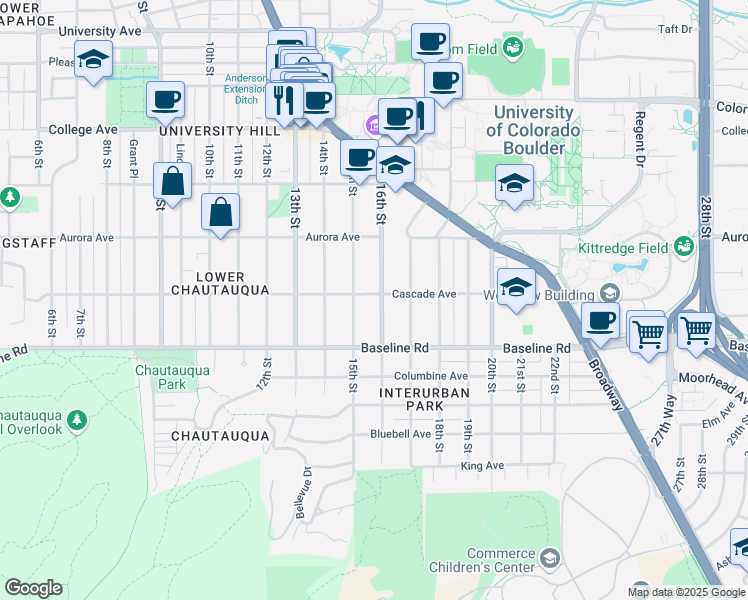 map of restaurants, bars, coffee shops, grocery stores, and more near 805 16th Street in Boulder
