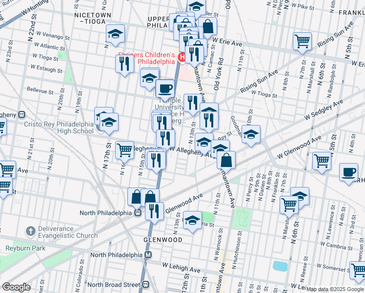 map of restaurants, bars, coffee shops, grocery stores, and more near 1313 West Allegheny Avenue in Philadelphia