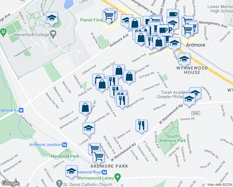 map of restaurants, bars, coffee shops, grocery stores, and more near 237 Chestnut Avenue in Ardmore