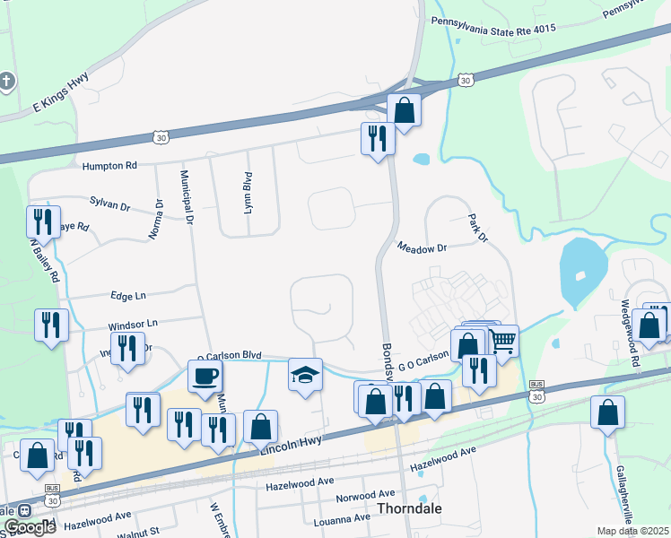 map of restaurants, bars, coffee shops, grocery stores, and more near 228 Thornridge Drive in Thorndale