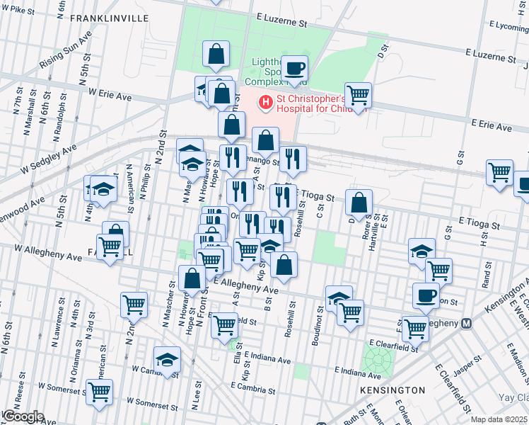 map of restaurants, bars, coffee shops, grocery stores, and more near 3413 Ella Street in Philadelphia