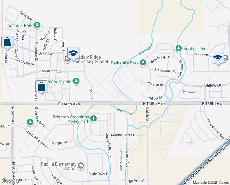 map of restaurants, bars, coffee shops, grocery stores, and more near 16995 County Road 2 in Lochbuie