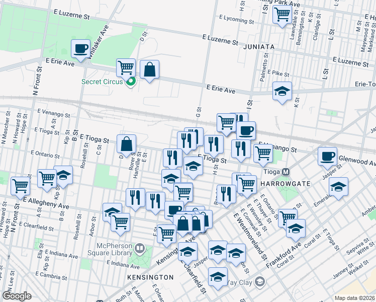map of restaurants, bars, coffee shops, grocery stores, and more near 727 East Atlantic Street in Philadelphia
