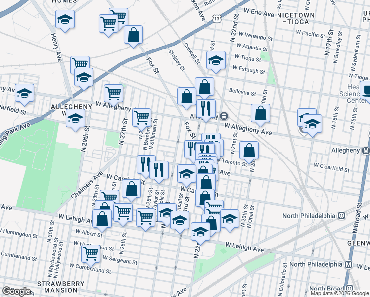 map of restaurants, bars, coffee shops, grocery stores, and more near 2400 West Clearfield Street in Philadelphia
