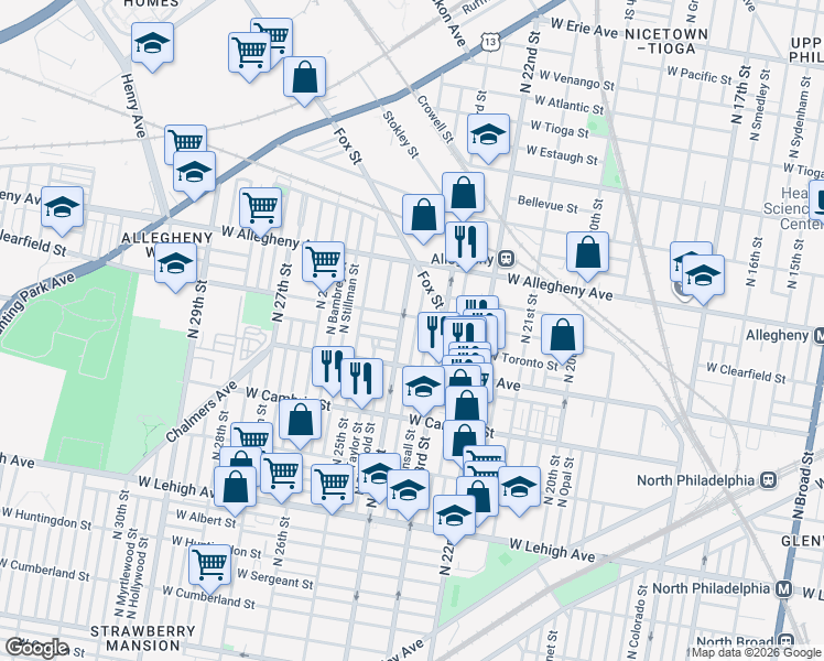 map of restaurants, bars, coffee shops, grocery stores, and more near 2400 West Clearfield Street in Philadelphia