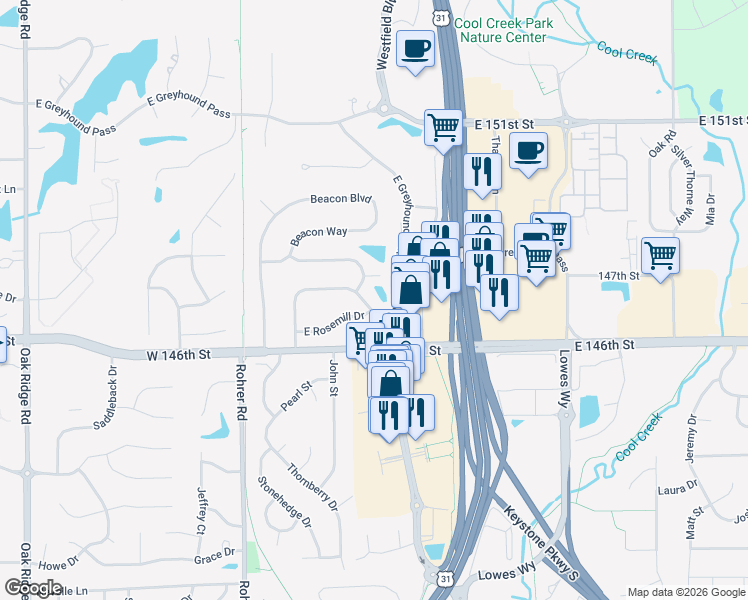 map of restaurants, bars, coffee shops, grocery stores, and more near 14727 Shadow Lakes Drive East in Carmel