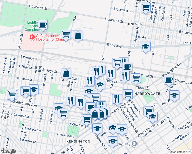 map of restaurants, bars, coffee shops, grocery stores, and more near 747 East Tioga Street in Philadelphia