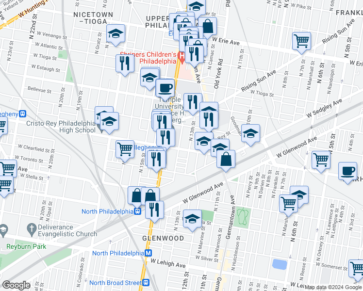 map of restaurants, bars, coffee shops, grocery stores, and more near 1315 West Allegheny Avenue in Philadelphia