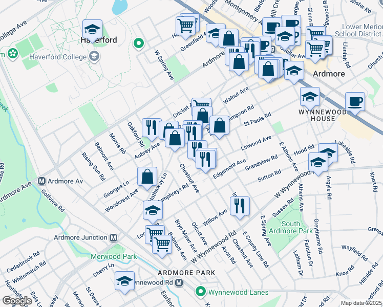 map of restaurants, bars, coffee shops, grocery stores, and more near 2740 East County Line Road in Ardmore