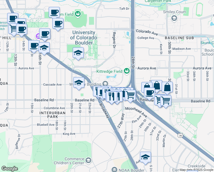 map of restaurants, bars, coffee shops, grocery stores, and more near Kittredge Loop Drive in Boulder