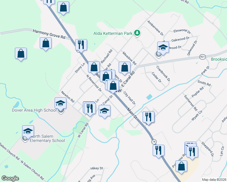 map of restaurants, bars, coffee shops, grocery stores, and more near 17 North Main Street in Dover