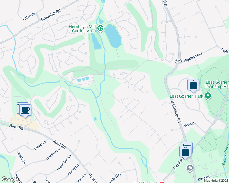 map of restaurants, bars, coffee shops, grocery stores, and more near 971 Cornwallis Drive in West Chester