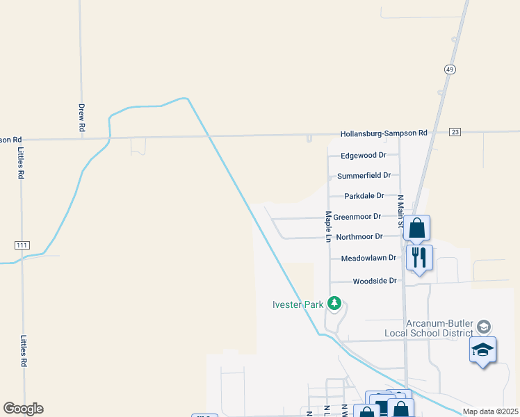 map of restaurants, bars, coffee shops, grocery stores, and more near 212 Irelan Boulevard in Arcanum
