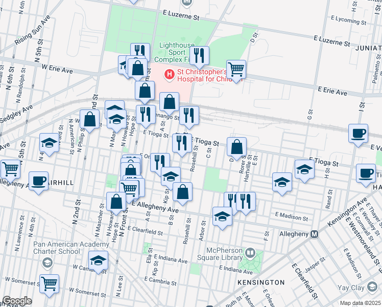 map of restaurants, bars, coffee shops, grocery stores, and more near 3431 Ormes Street in Philadelphia
