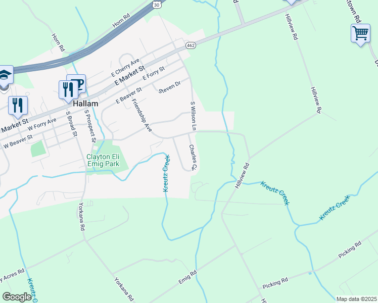 map of restaurants, bars, coffee shops, grocery stores, and more near 155 Charles Circle in Hallam