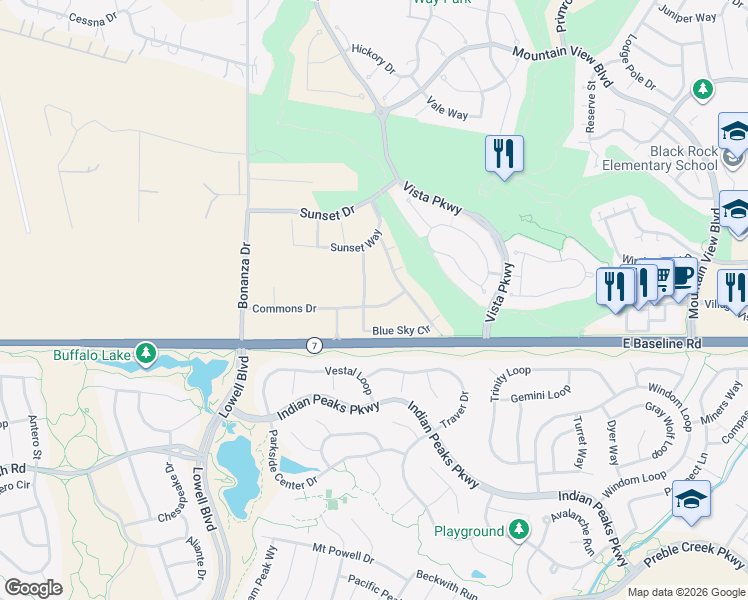 map of restaurants, bars, coffee shops, grocery stores, and more near 1495 Blue Sky Way in Erie