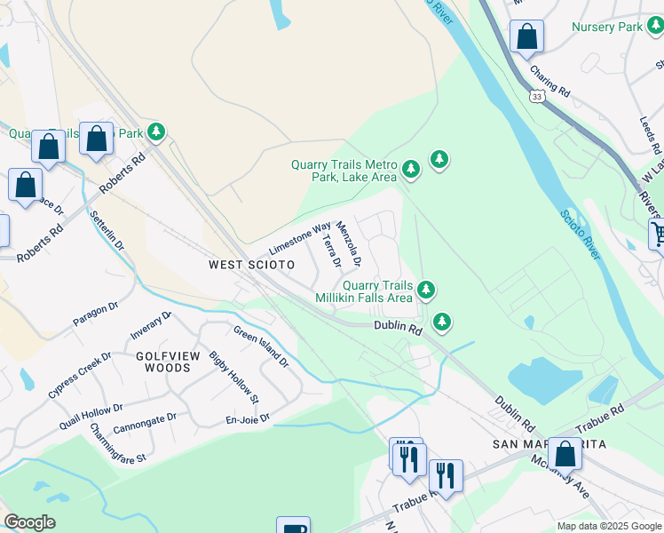 map of restaurants, bars, coffee shops, grocery stores, and more near 3167 Terra Drive in Columbus