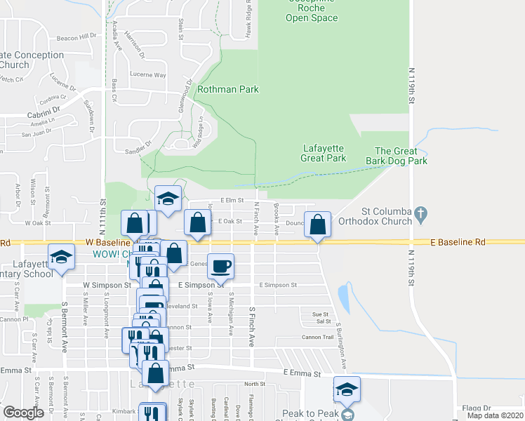 map of restaurants, bars, coffee shops, grocery stores, and more near 456 North Finch Avenue in Lafayette