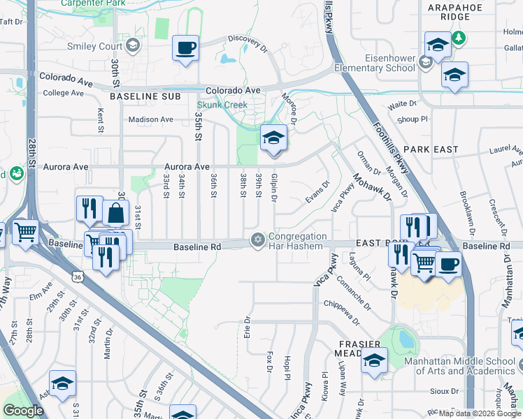 map of restaurants, bars, coffee shops, grocery stores, and more near 770 39th Street in Boulder