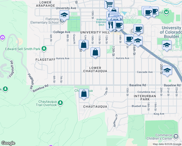 map of restaurants, bars, coffee shops, grocery stores, and more near 955 Cascade Avenue in Boulder