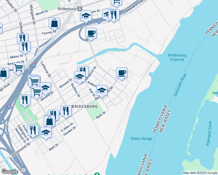 map of restaurants, bars, coffee shops, grocery stores, and more near 2790 Pratt Street in Philadelphia