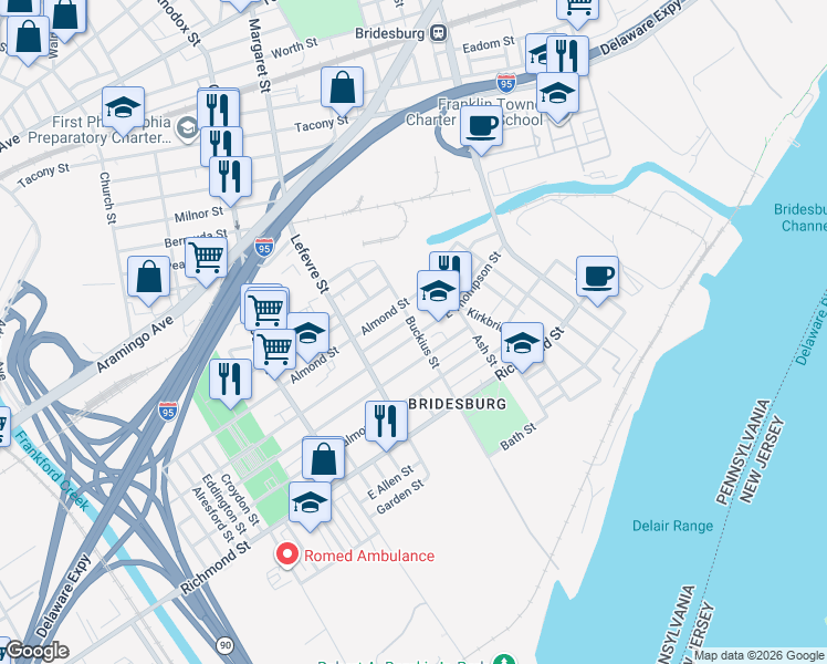 map of restaurants, bars, coffee shops, grocery stores, and more near 4612 East Thompson Street in Philadelphia